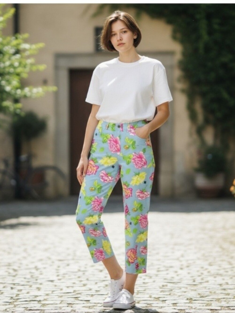 Women's Light Blue Canvas Floral Print Pants